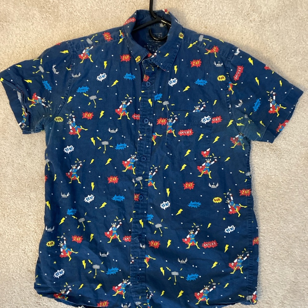 Marvel Blue and Red Casual Button Down Shirt with Playful Design